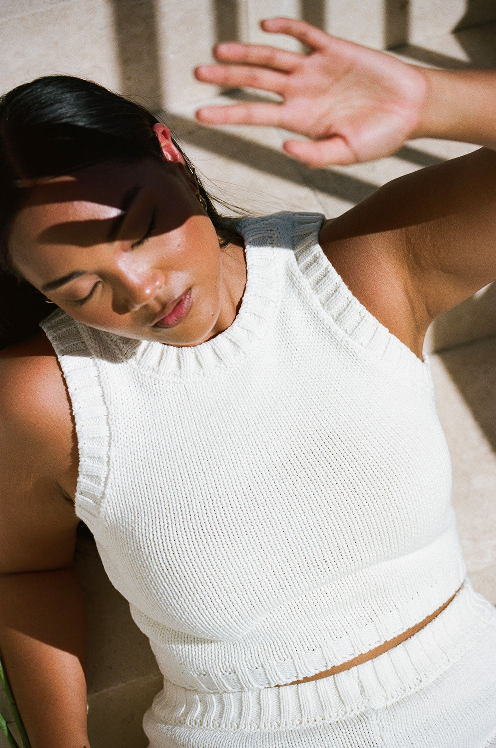 Stylish White Cropped Yukio Cotton Blend Knit Top