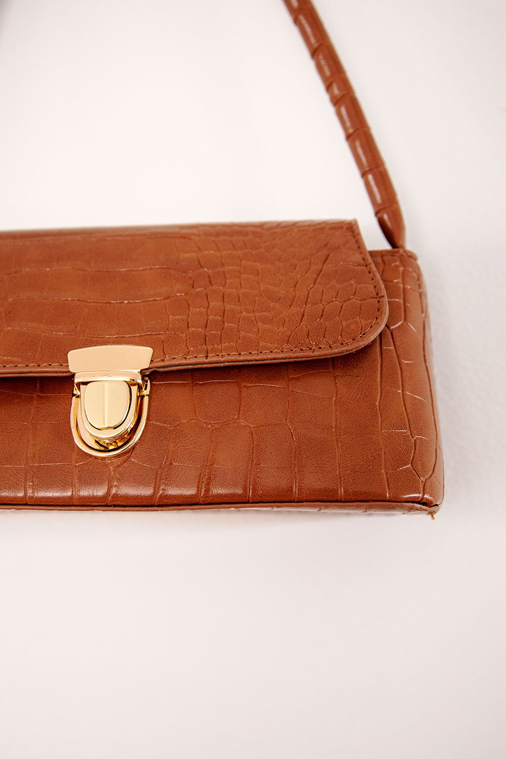 Levene Vegan Croc-Style Tan Baguette Handbag