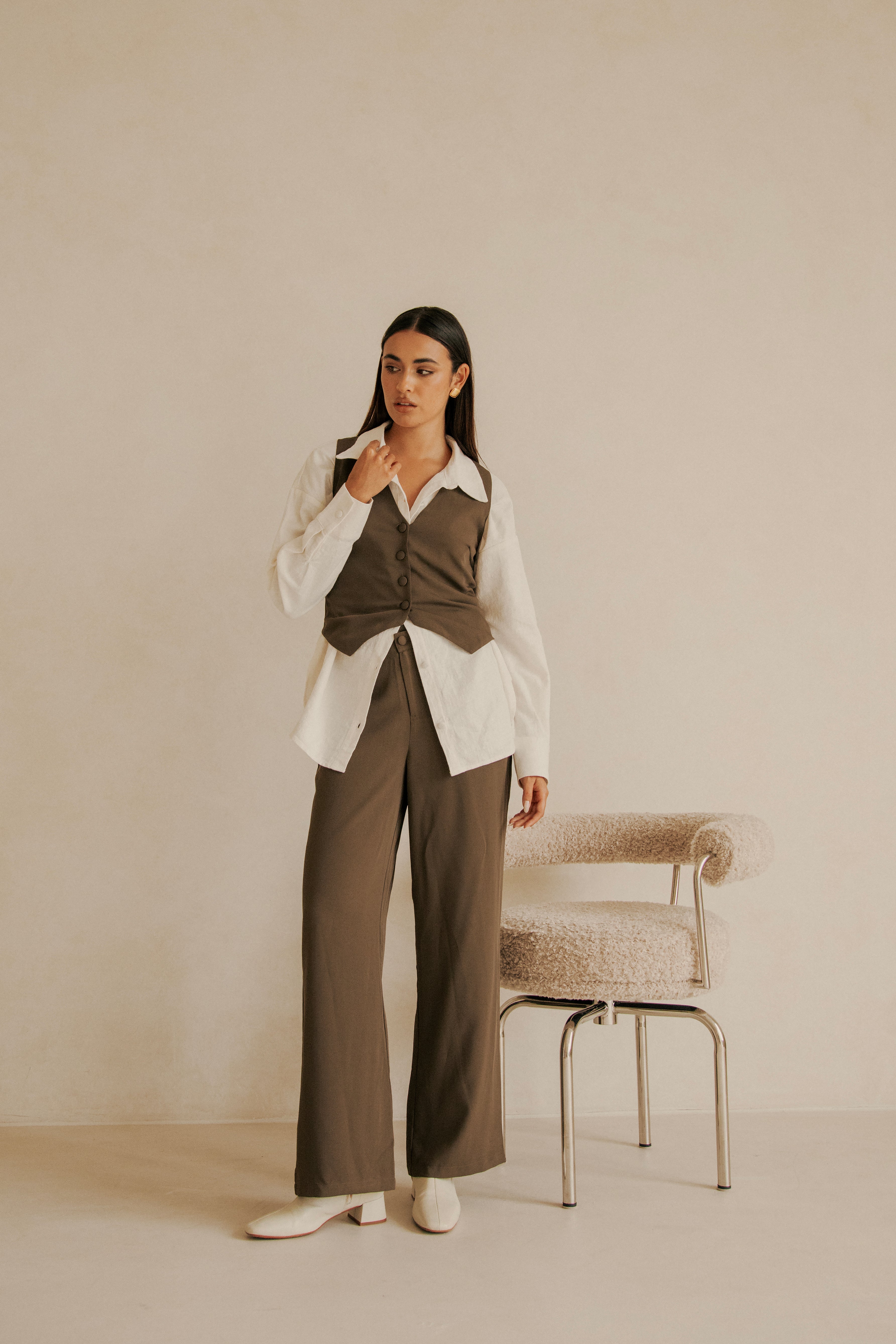 Luxurious Ashy Brown Chocolate Suiting Remi Top for Girls