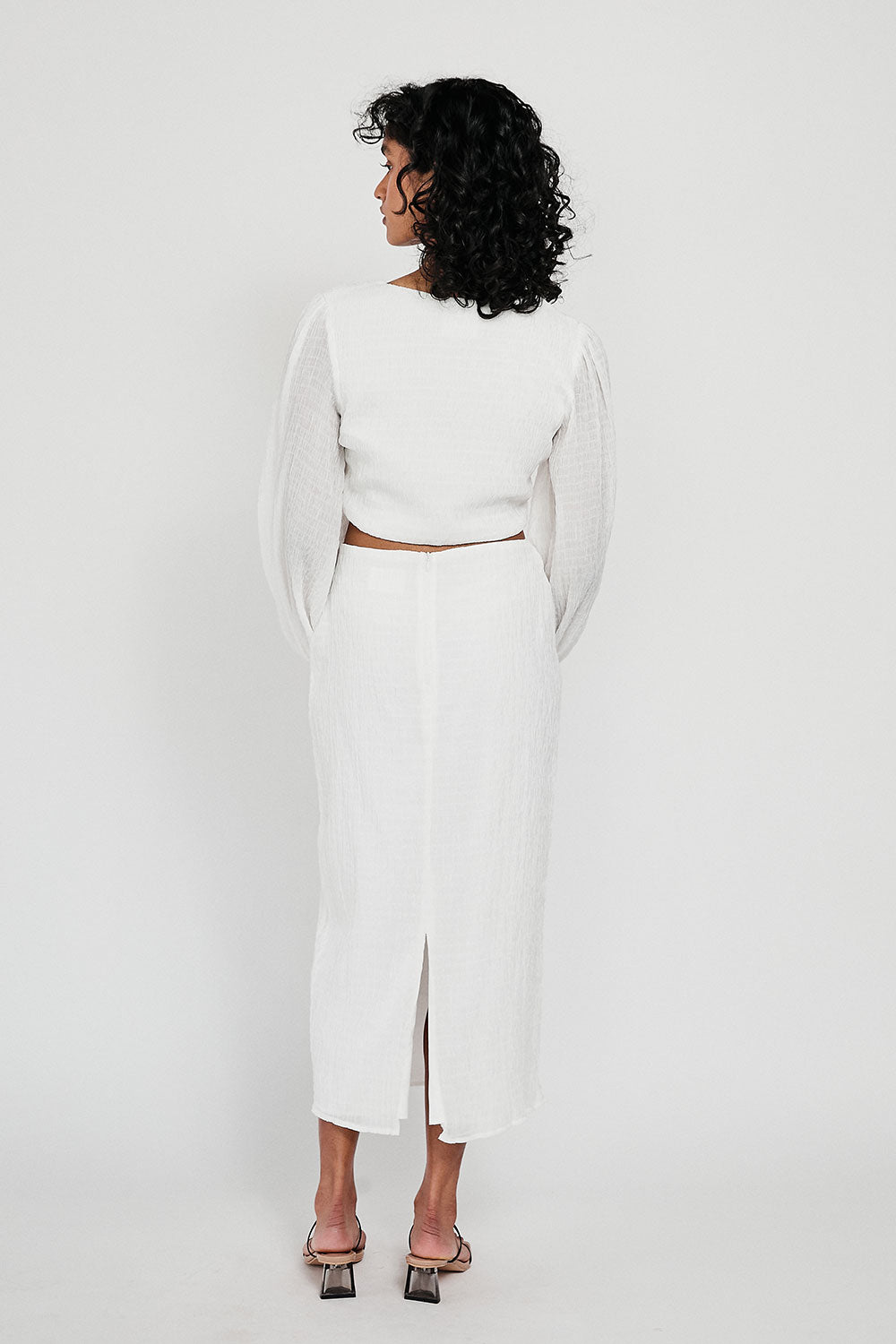 Exclusively Designed Off-White Textured Crepe Tasmin Top with Puff Sleeves