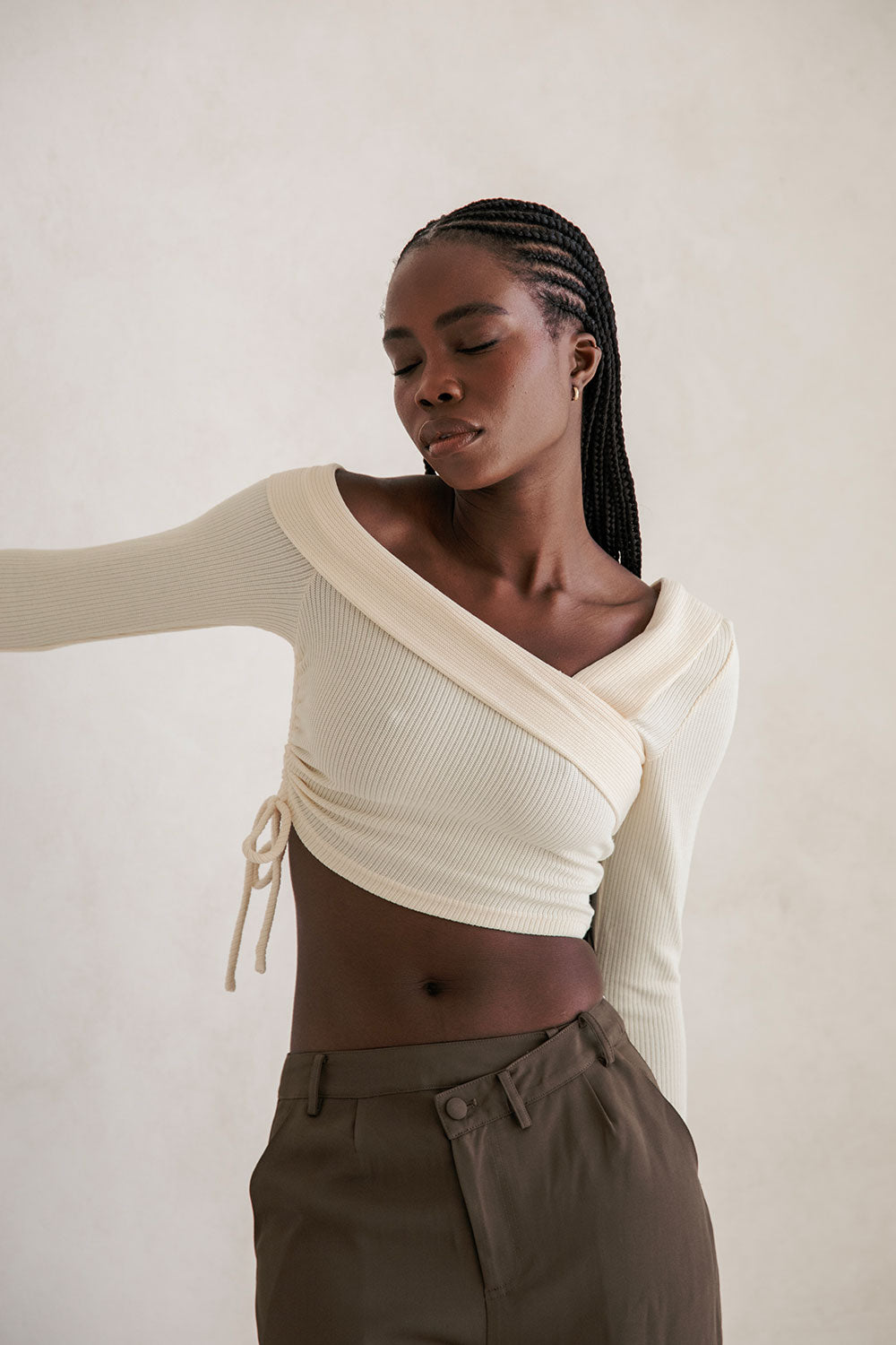 Soft Ribbed Knit Chelsie Top with Asymmetric Off - Shoulder Design