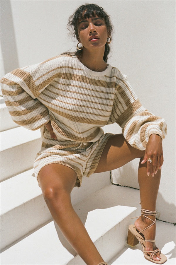 Mirai Women's Cream-colored Ribbed Knit Top with Tan Stripes and Puff Sleeves