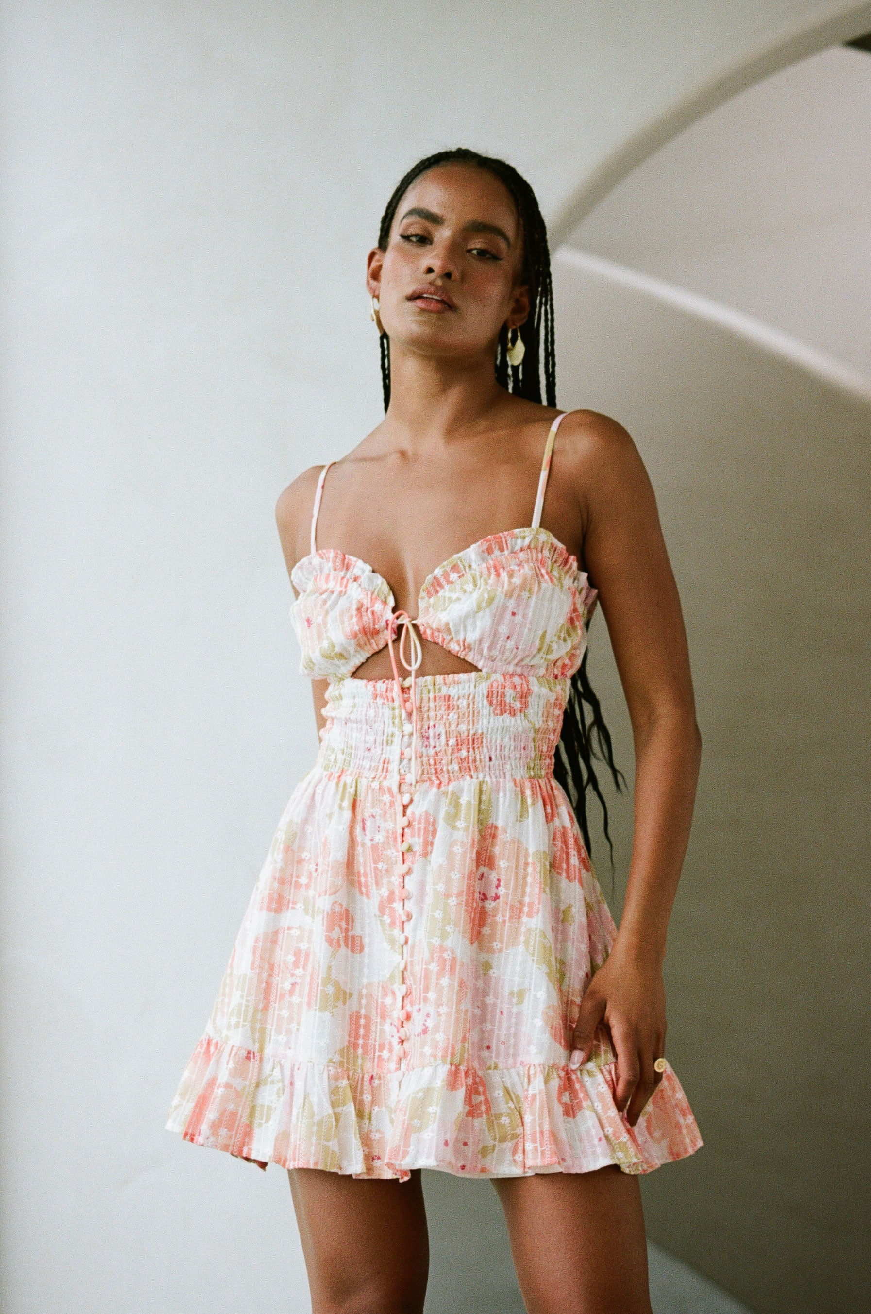 Exquisite Karolina Shirred Women's Dress with Anemone Floral Print