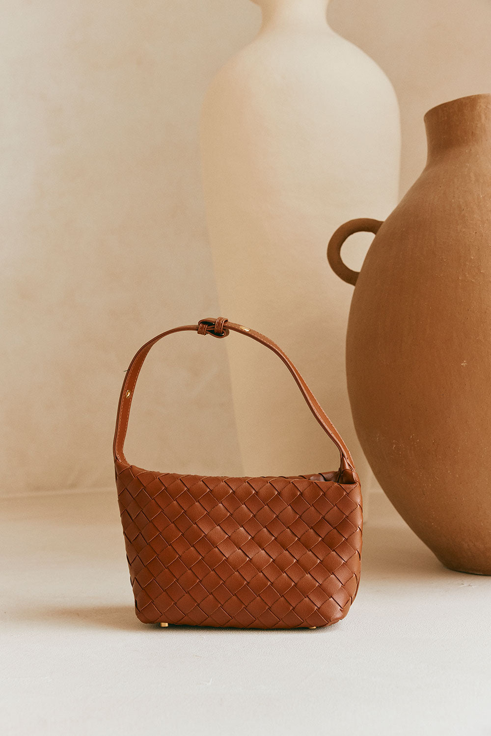Stylish Tan Vegan Leather Milana Woven Shoulder Bag