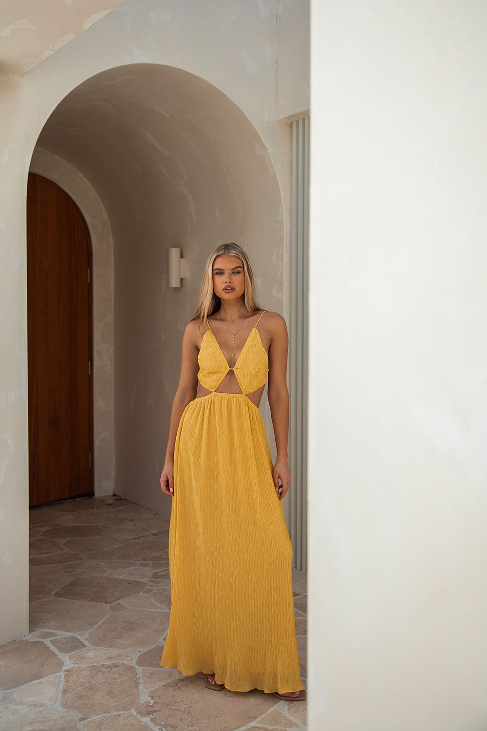 Stylish Mustard Crepe Mable Dress with Rouleau Straps and Ruffle Trim