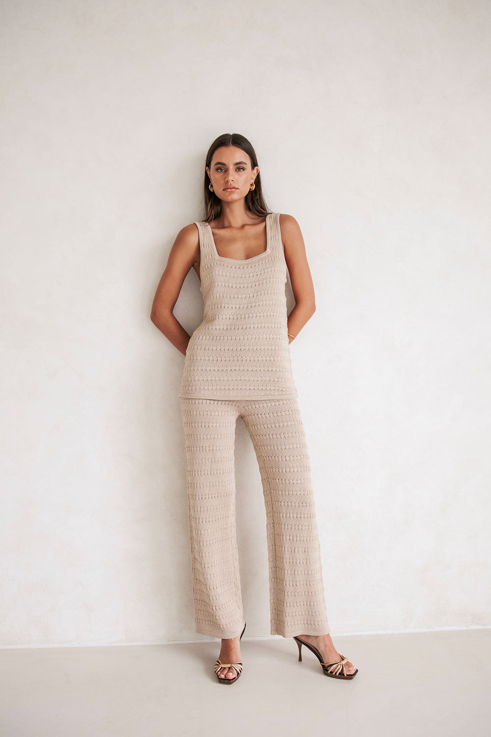 Ari Toffee High - Waisted Wide - Leg Knitted Pants