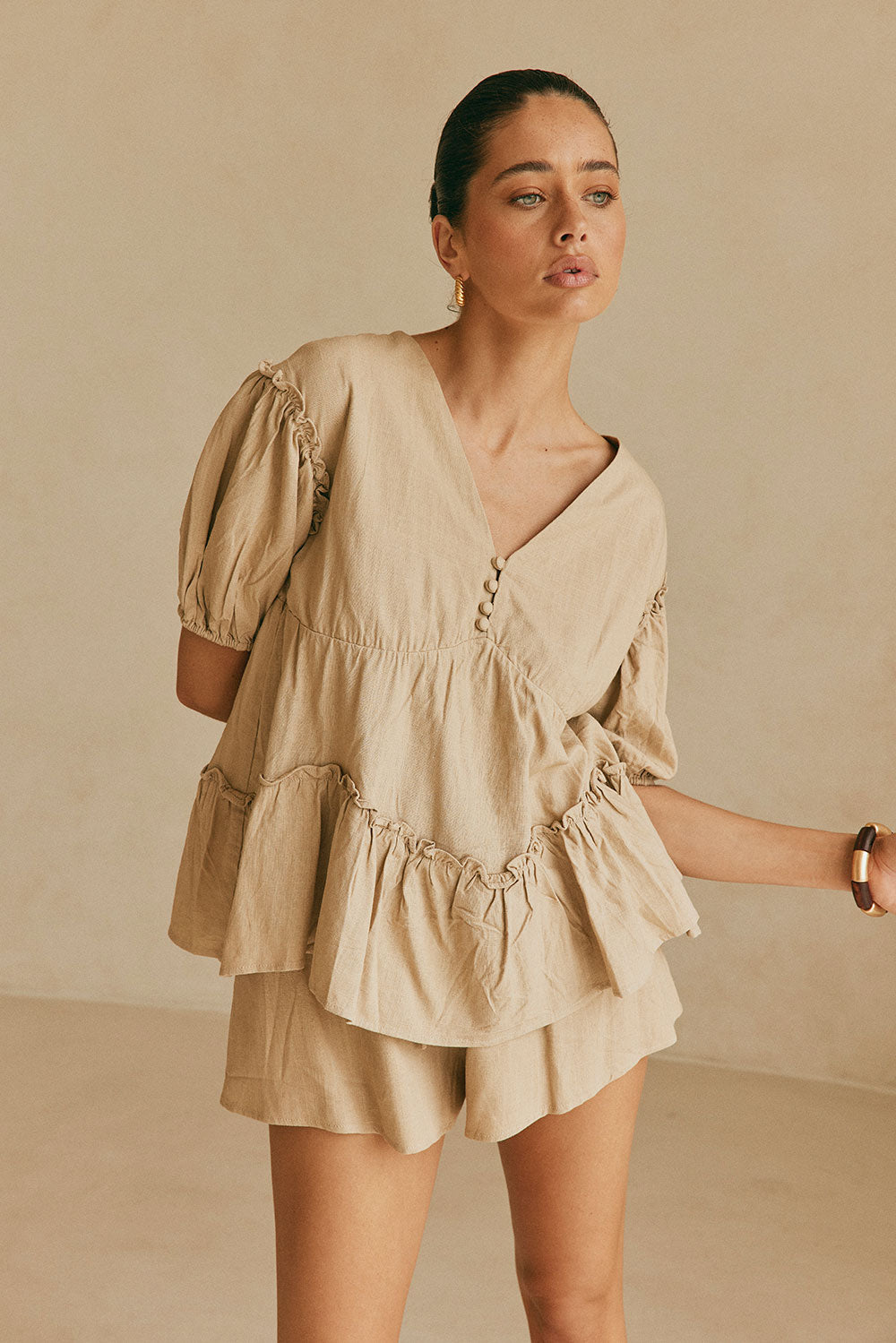 Lyon Women's Lightweight Rayon Linen Blend Tan Top