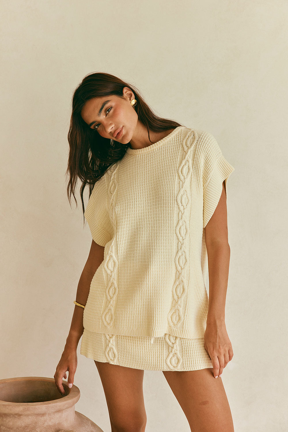 Exquisite Cream-Colored Cotton Blend Textured Knit Nevaeh Top
