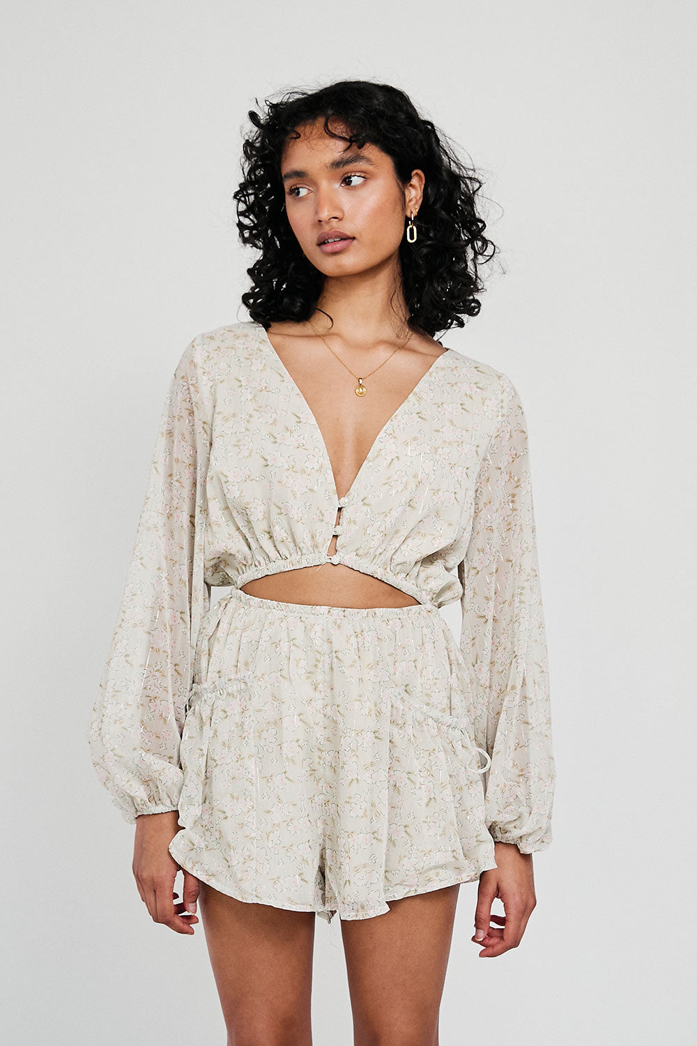 Lightweight Cream Floral Dharma Playsuit with Hibiscus Print