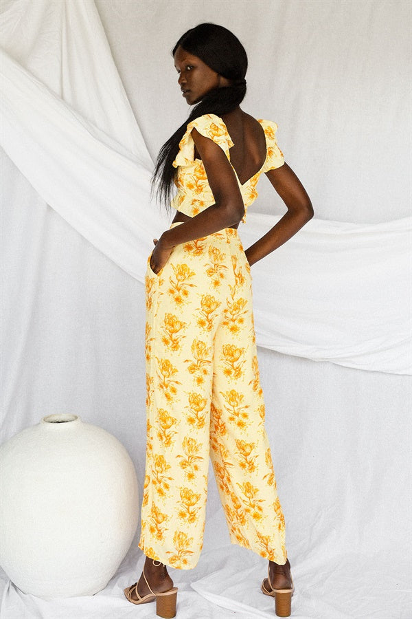 Exclusively Designed Danika Yellow Zipper Crepe Pants with Sunset Tulip Print