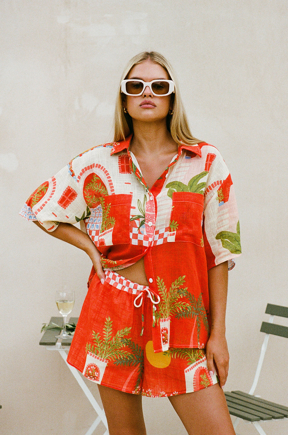 Exclusive Vista Red Amira Relaxed Collared Top for Vacation