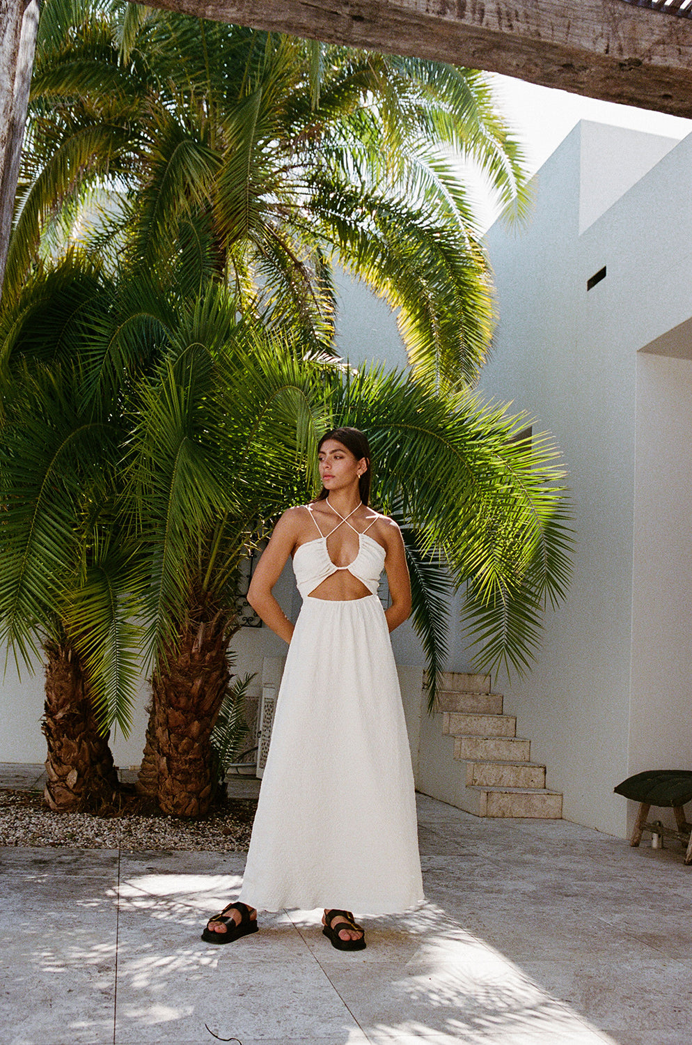 Cream Textured Crepe Bardot Dress for Bridal Events