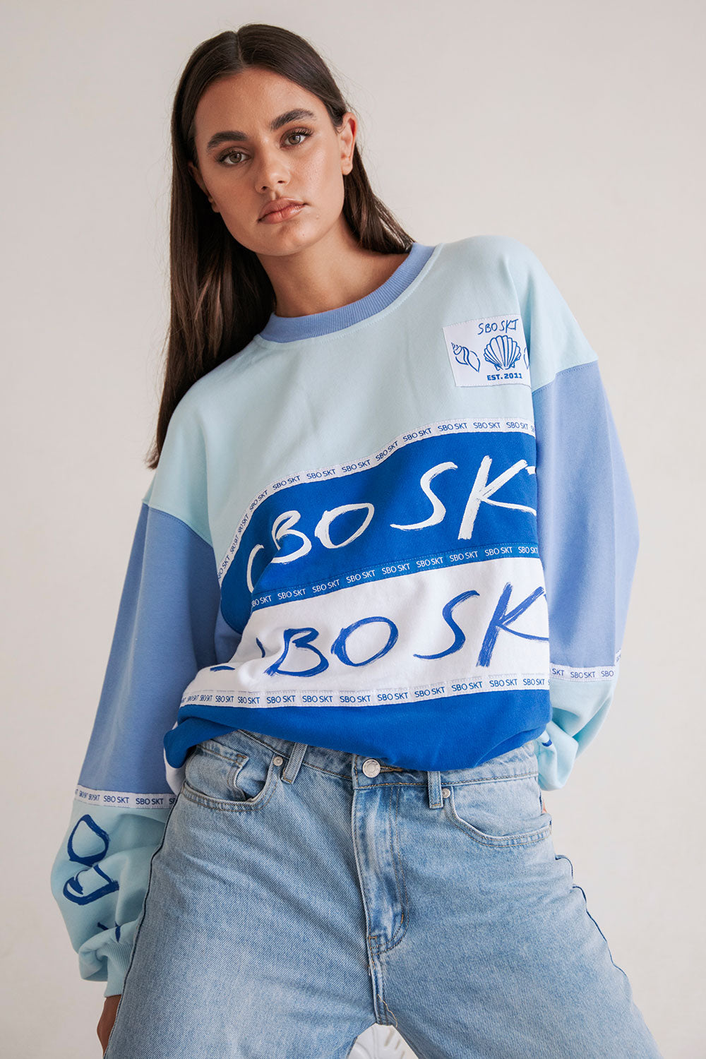 Unique Oversized Vintage Eclipse Sweater in Blue and White