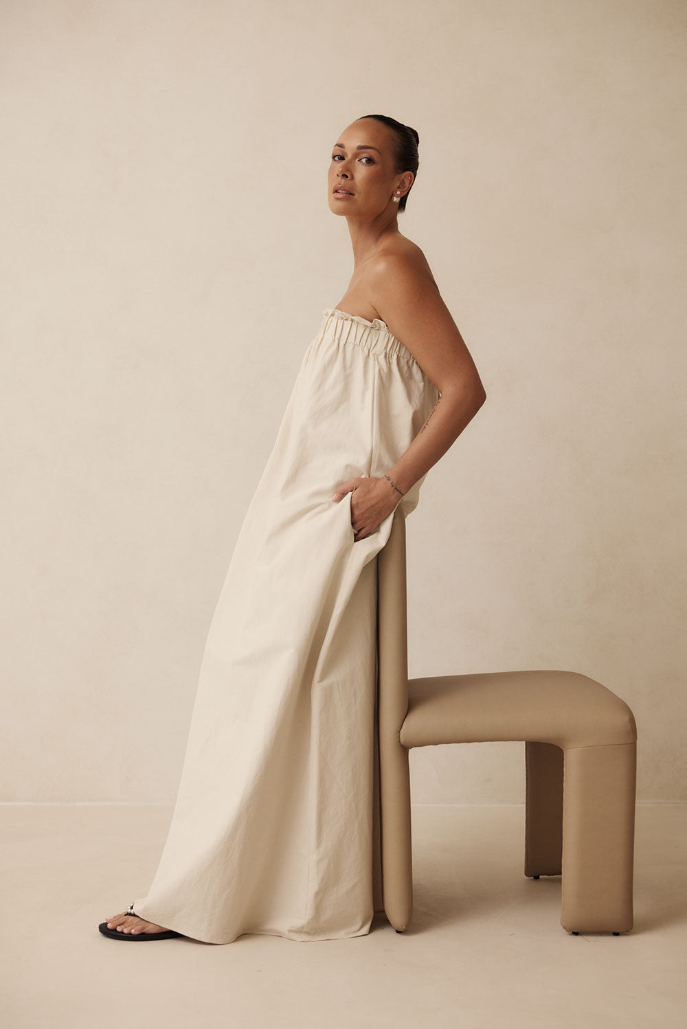 Exquisite Creamy Beige Strapless Ruffle Lila Maxi Dress from SABO x Kayla Boyd