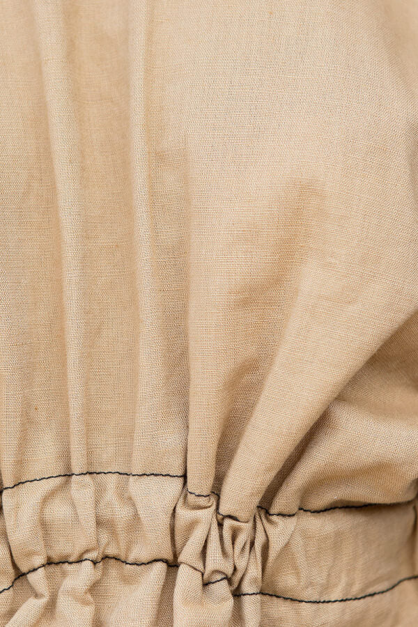 Brown Linen Blend High Waisted Bally Skirt with Black Stitching and Pockets
