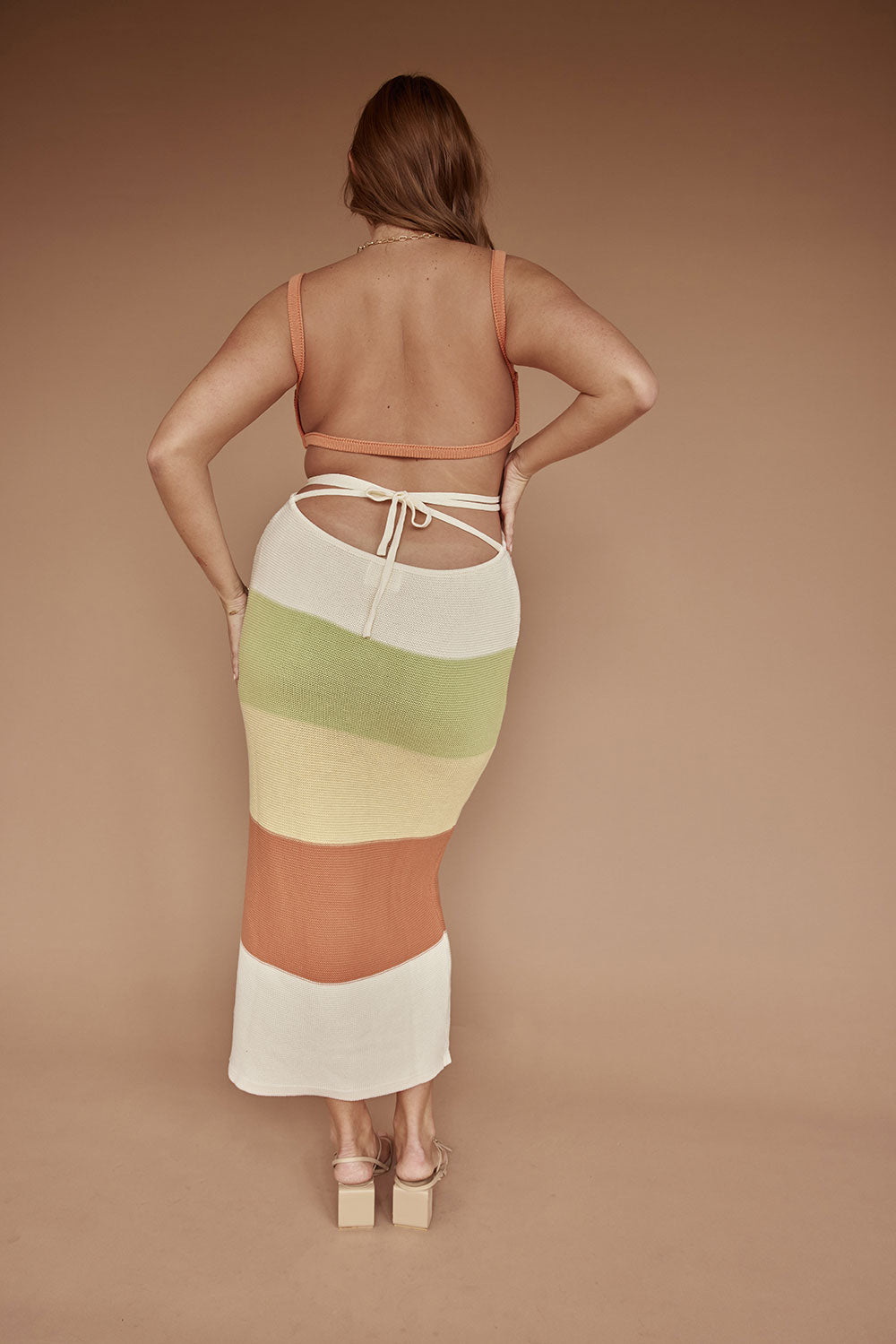 Stylish London Natural Knitted Cotton Dress in Earth Tones - Burnt Orange, Green, Cream, and Yellow