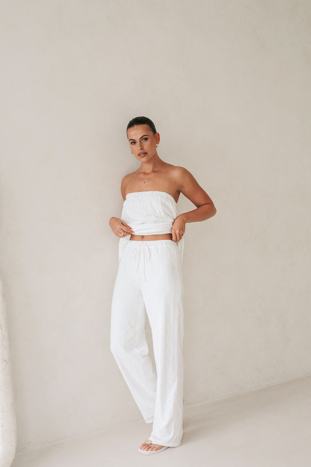 Unique White Ellira Pants with Yellow Elastic Waist