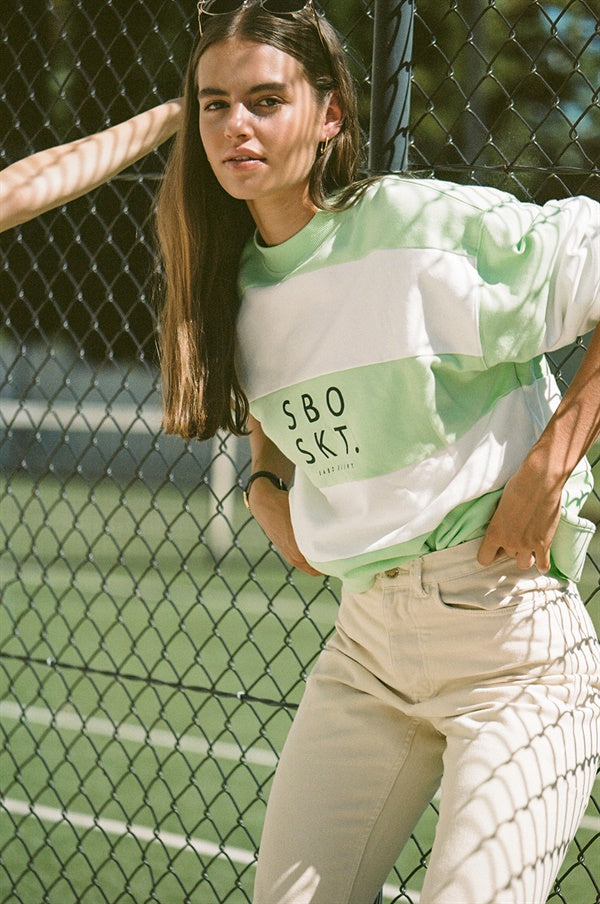 Elegant Green and White Striped Natural Terryback Cotton Wisteria Sweater