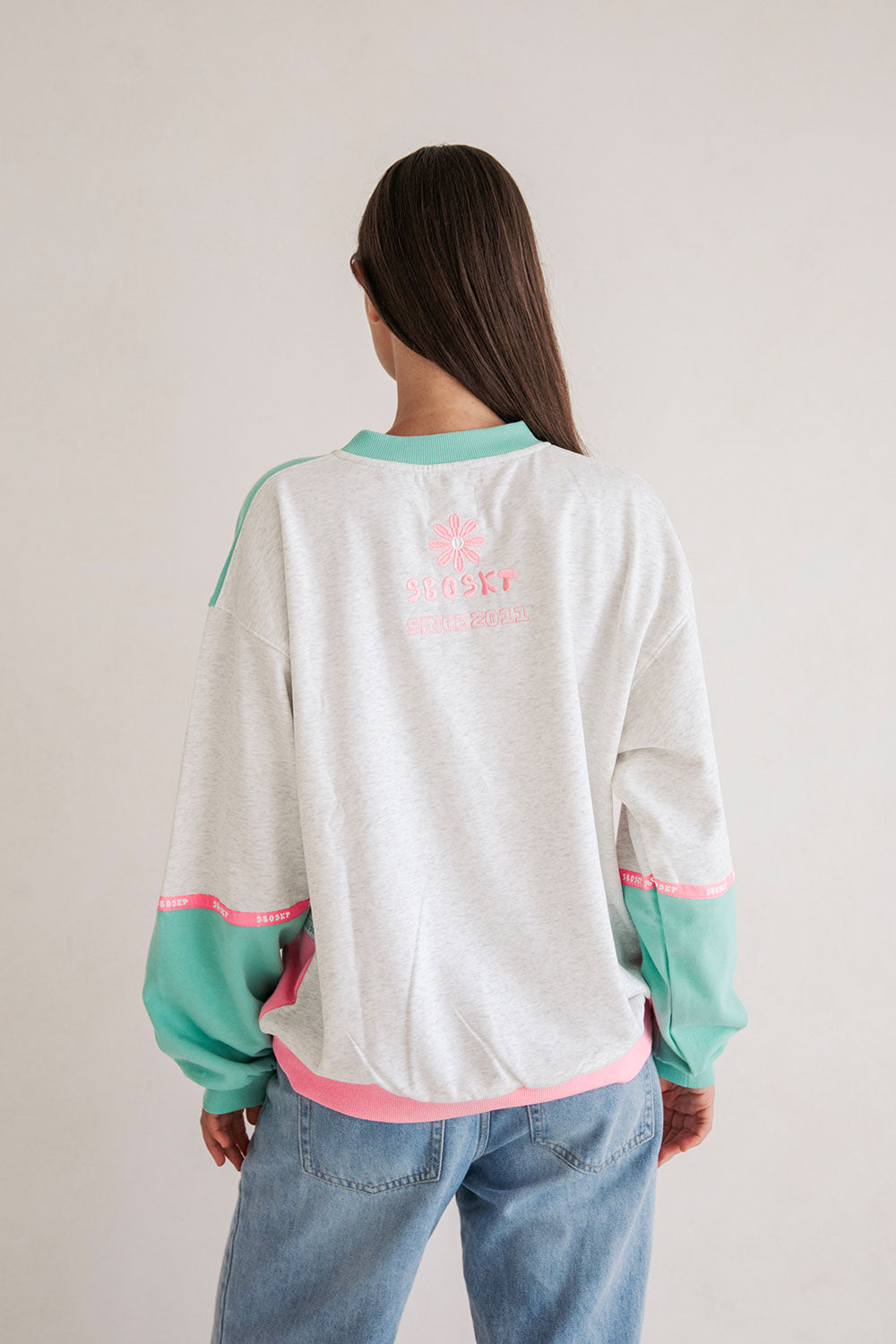 Exclusive Sabo-Designed Oversized Vintage Swisse Sweater in Marl Grey, Green & Pink