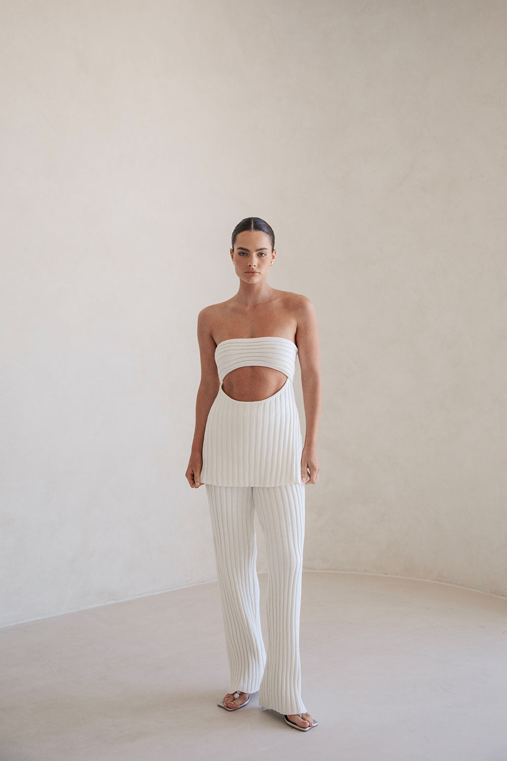 Sabo Exclusive White Structured Ribbed Knit High Waisted Elasticated Waist Stevie Pants