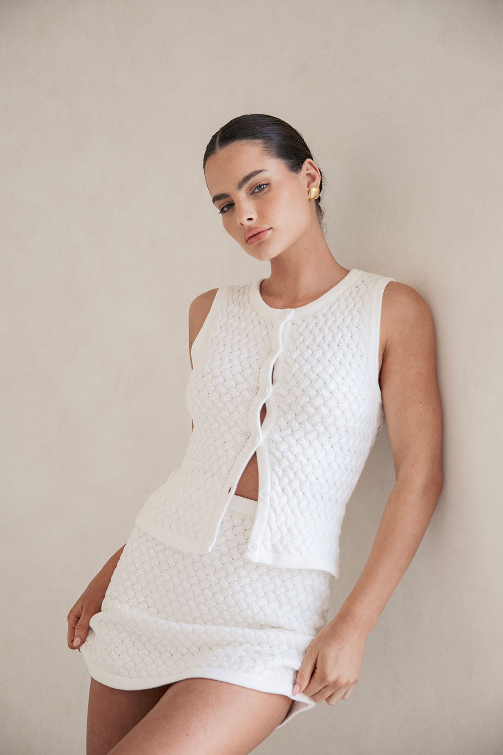Avalon Natural Cotton Basket Knit Fitted Mini Skirt with Elastic Waist