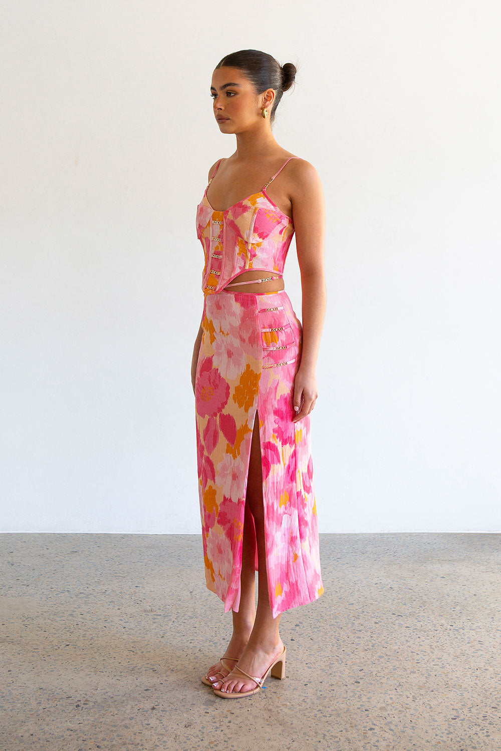 Stylish Women's Serralina Pink Gerbera Print Midi Skirt for Special Occasions