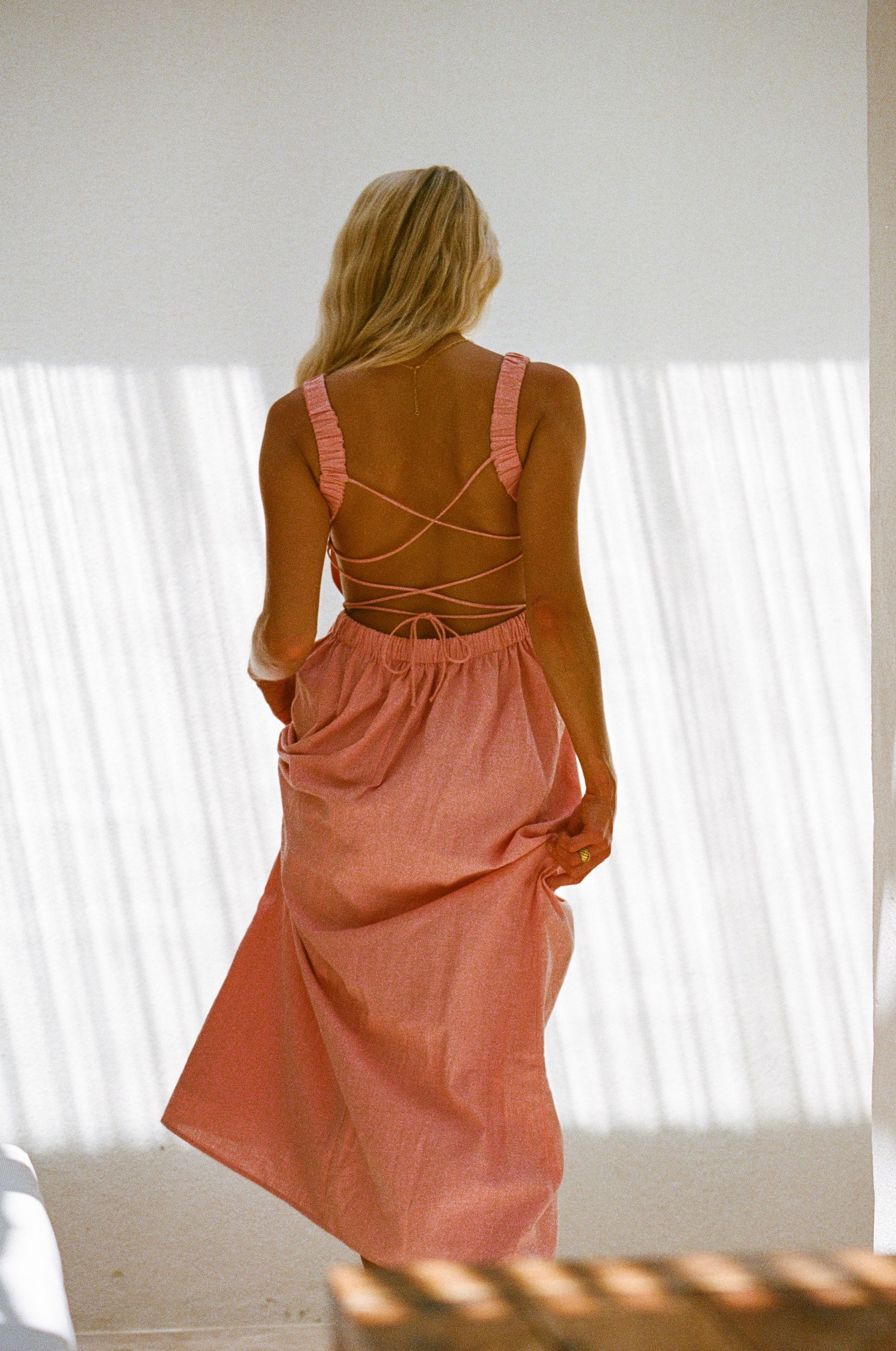 Feminine Pink High - Quality Cotton Backless Midi Dress Named Sondra
