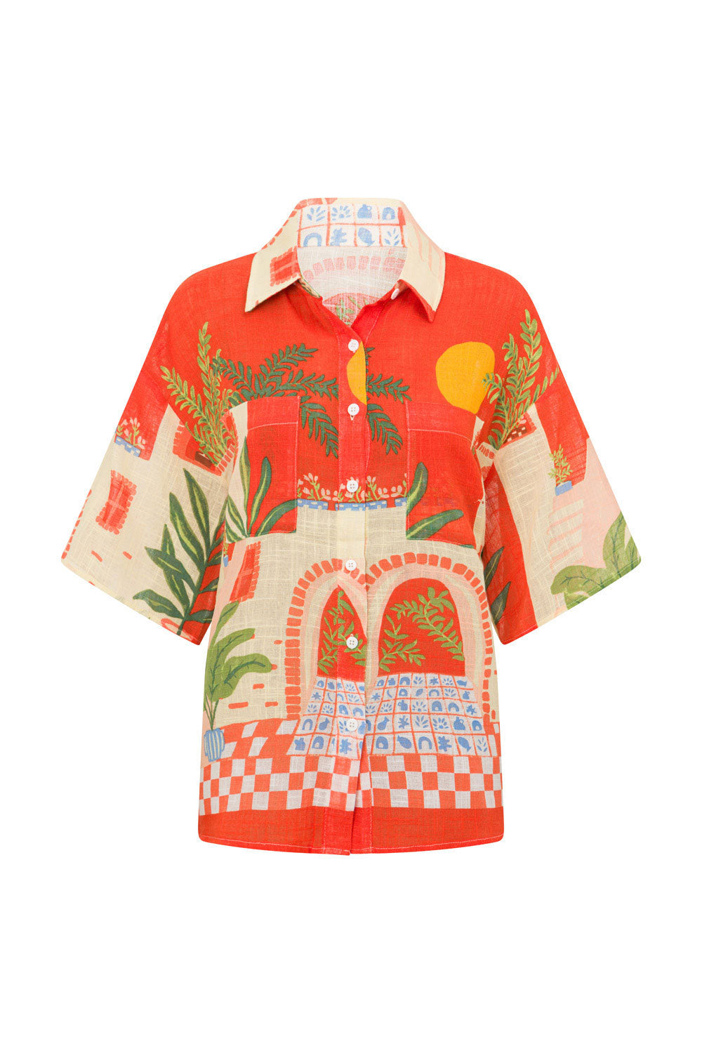 Exclusive Vista Red Amira Relaxed Collared Top for Vacation