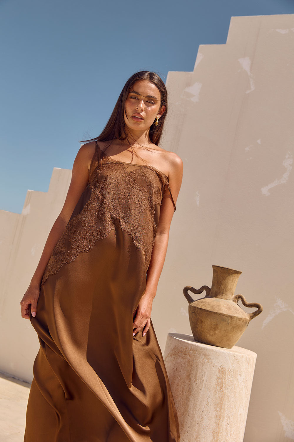 Exquisite Chocolate Brown Strapless Lace-Overlay A-Line Maxi Aelin Dress