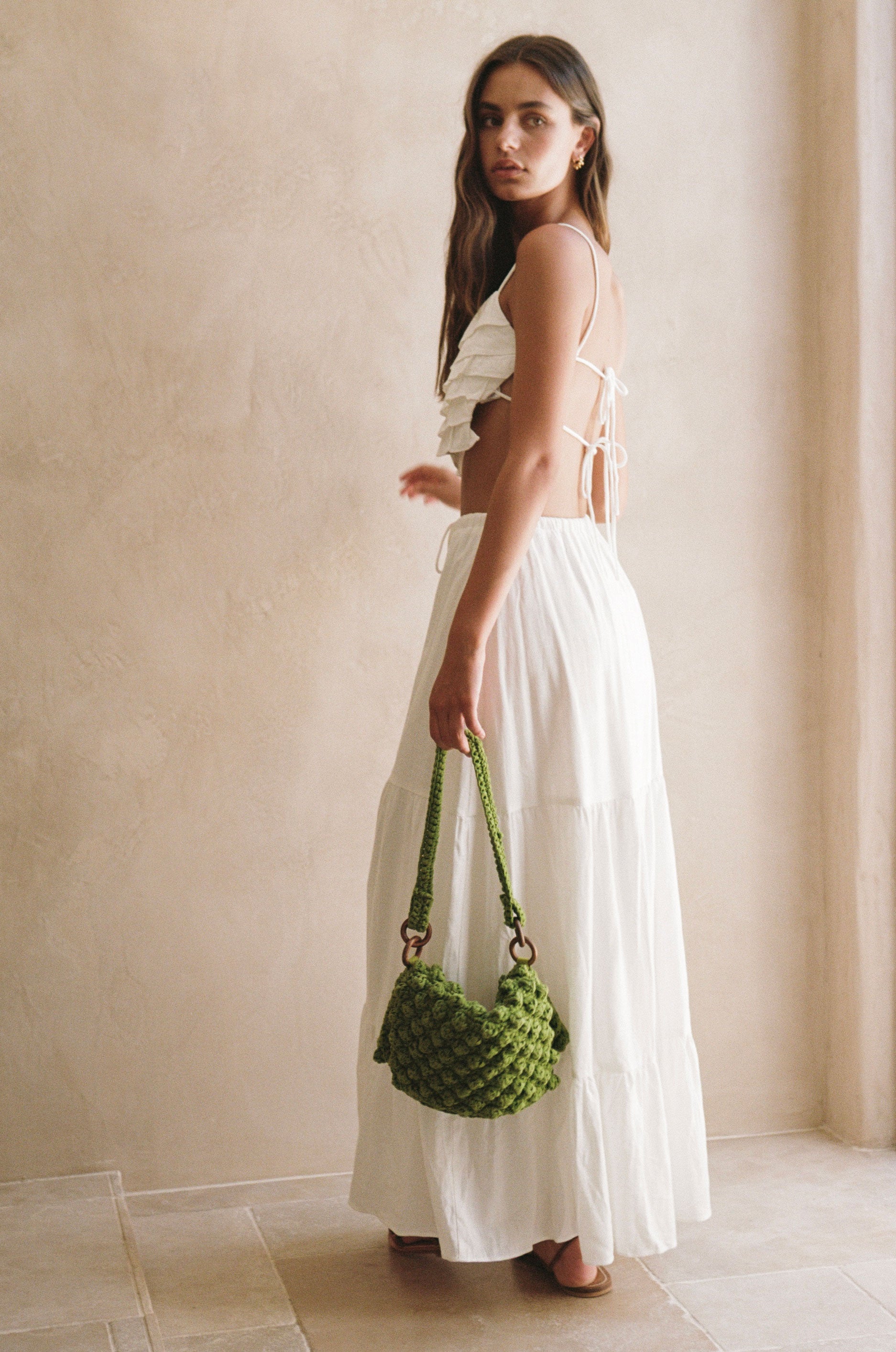 Sabo Exclusive Nyxi Off-White Rayon Linen Blend High-Waisted Elastic Tie Flowy Ankle Grazing Triple Tiered Skirt