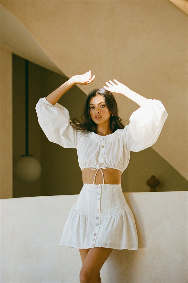 Exclusively Designed Simona Women's Off - white Structured Natural Linen Blend Skirt