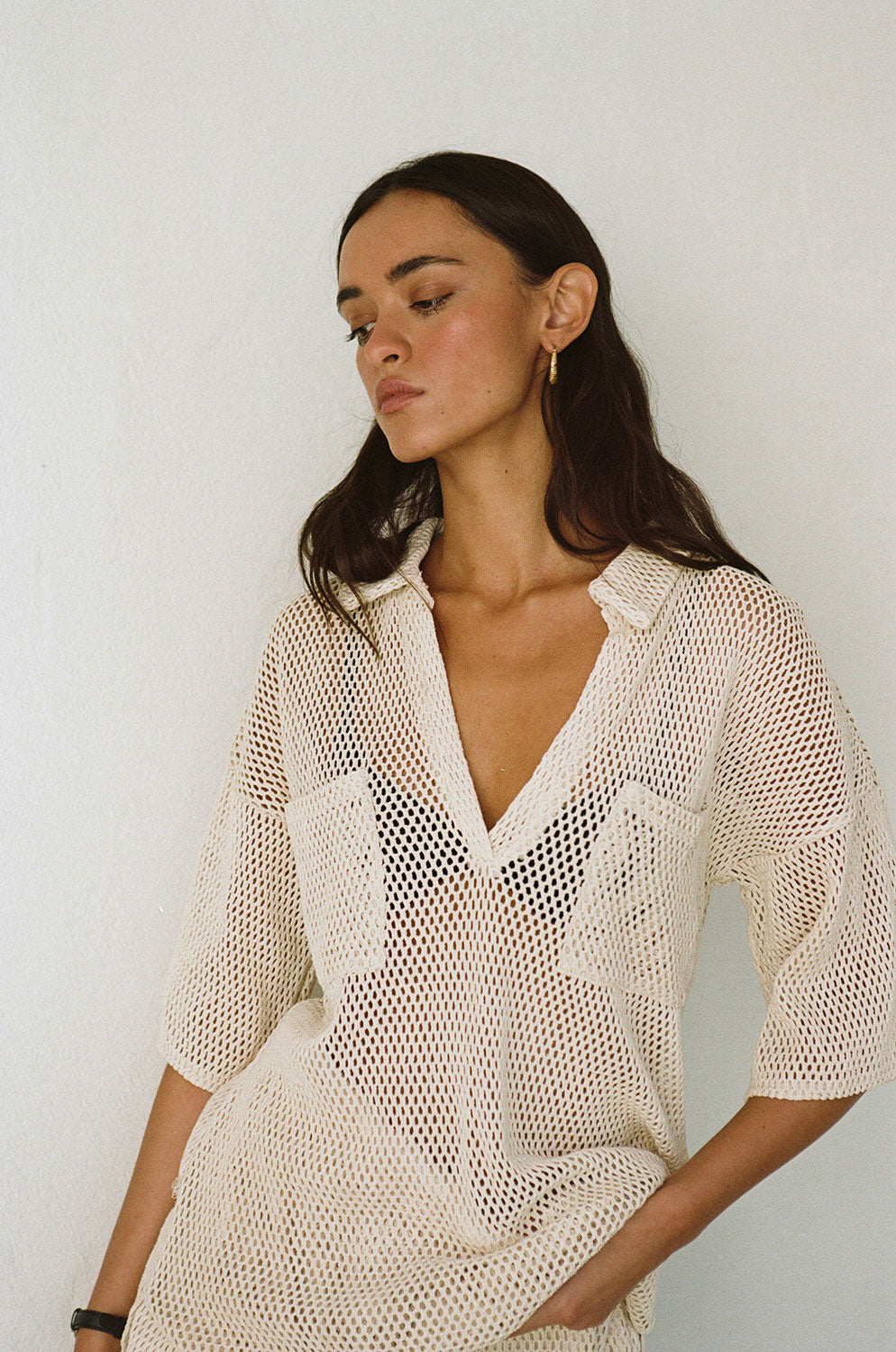 Beige Sheer Cotton Mesh Relaxed Bane Top with Collar and Pockets