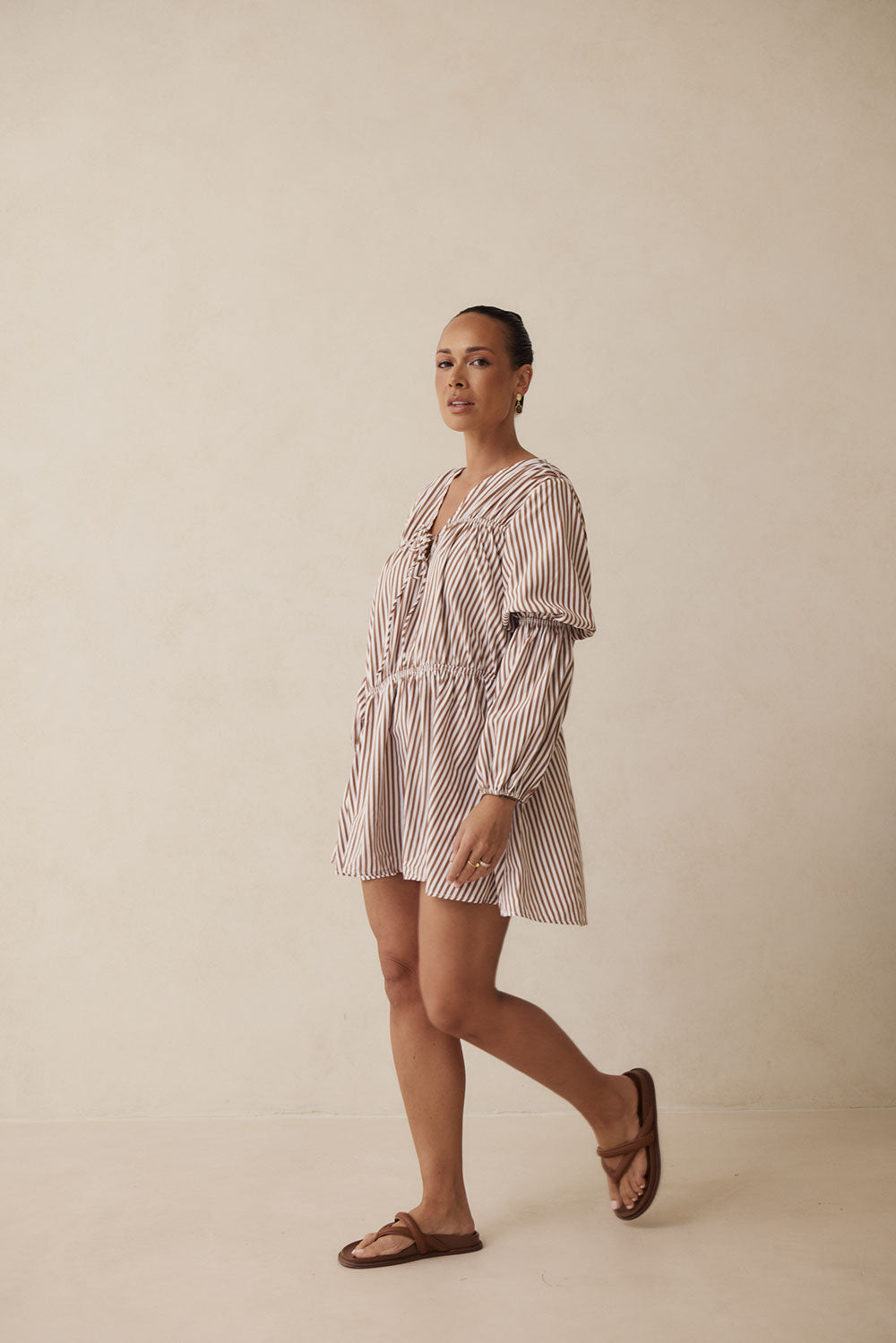 Chocolate Tan and White Striped Naloo Maternity Dress by Sabo