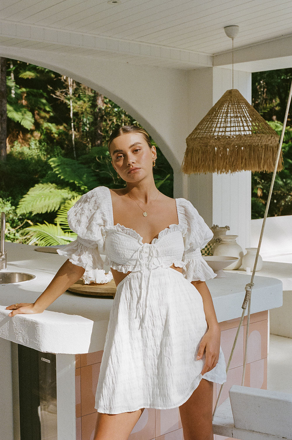 Elegant White Natural Textured Cotton Marilla Dress with Unique Details