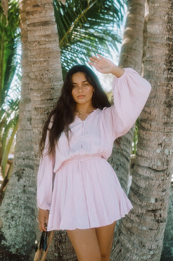 Soft Pink Lightweight Rayon Emmie Dress with Puff Sleeves and Flouncy Skirt