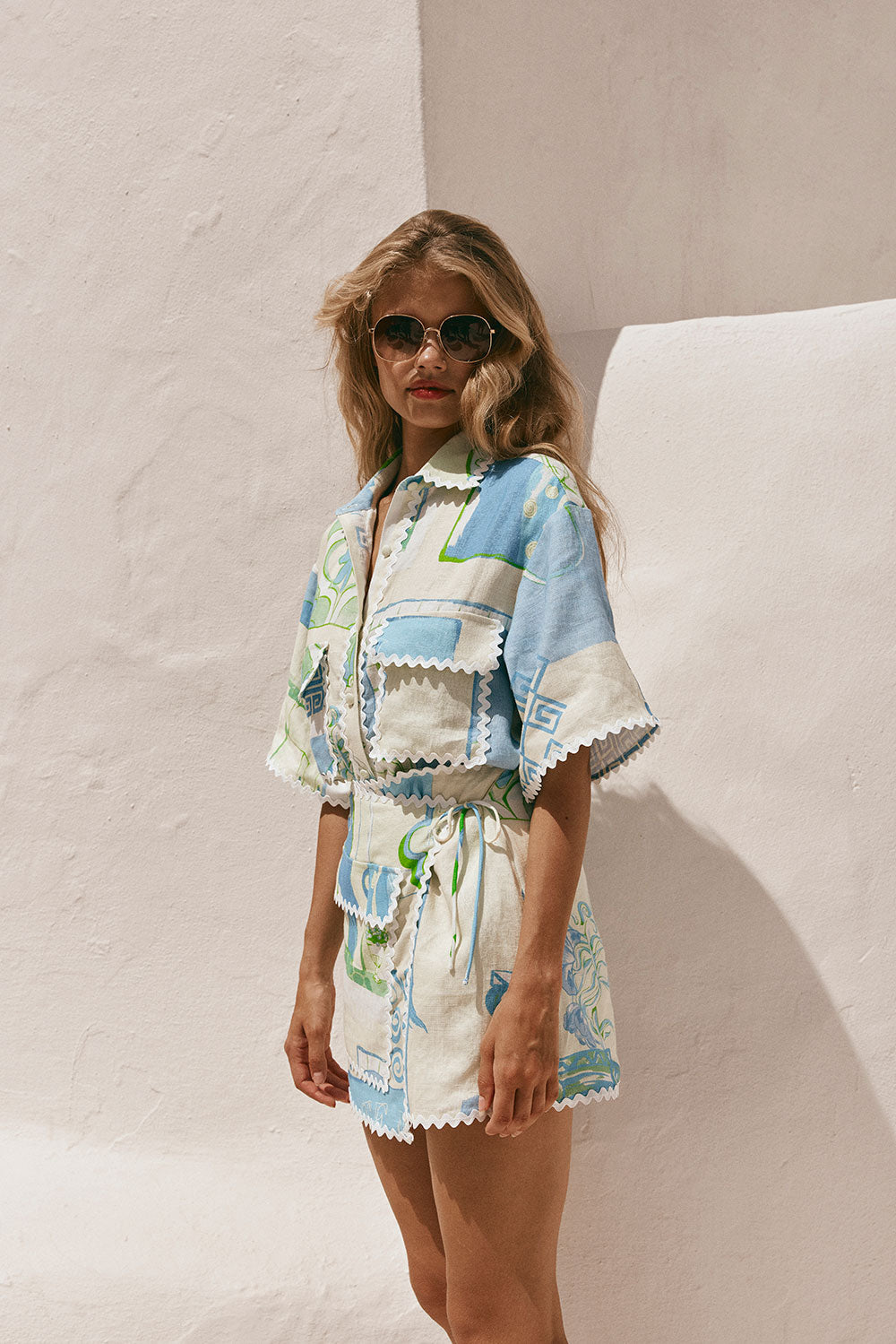 High - Quality Linen Diaz Mini Skirt with Theotokos Ocean Print