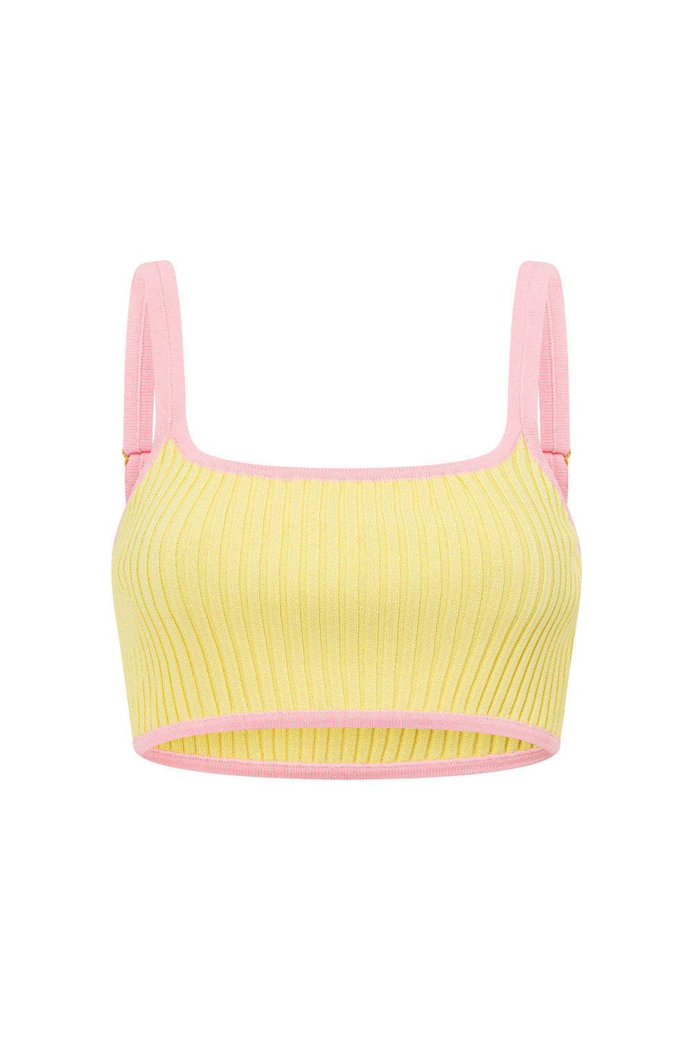 Jordi Women's Cropped Ribbed Yellow Top with Pink Bind Trims and Adjustable Straps
