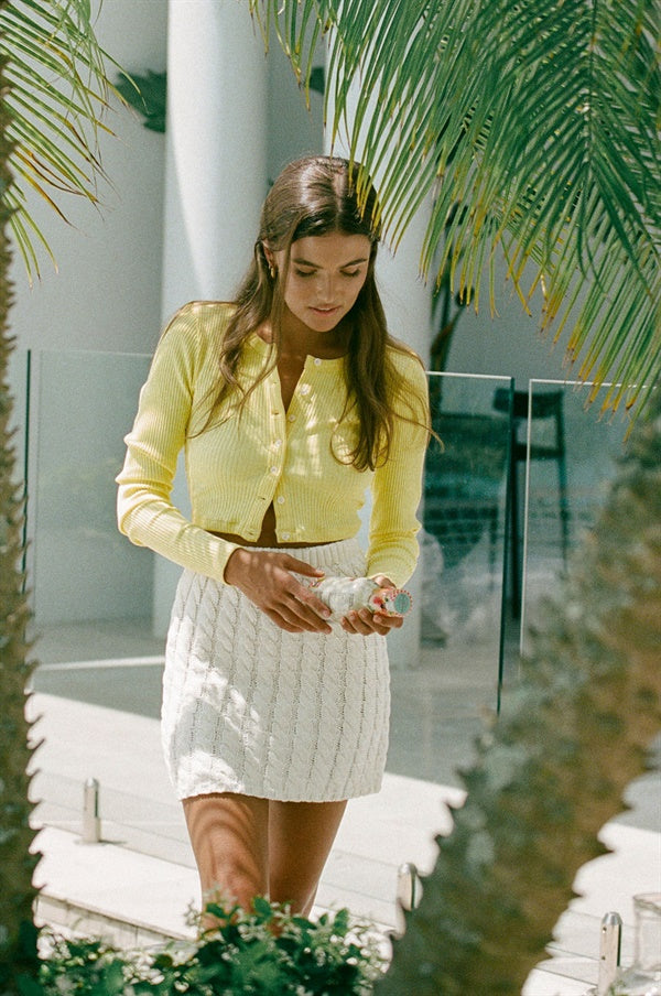 Vibrant Yellow Cropped Ribbed Cotton Grace Cardigan Inspired by the 90s