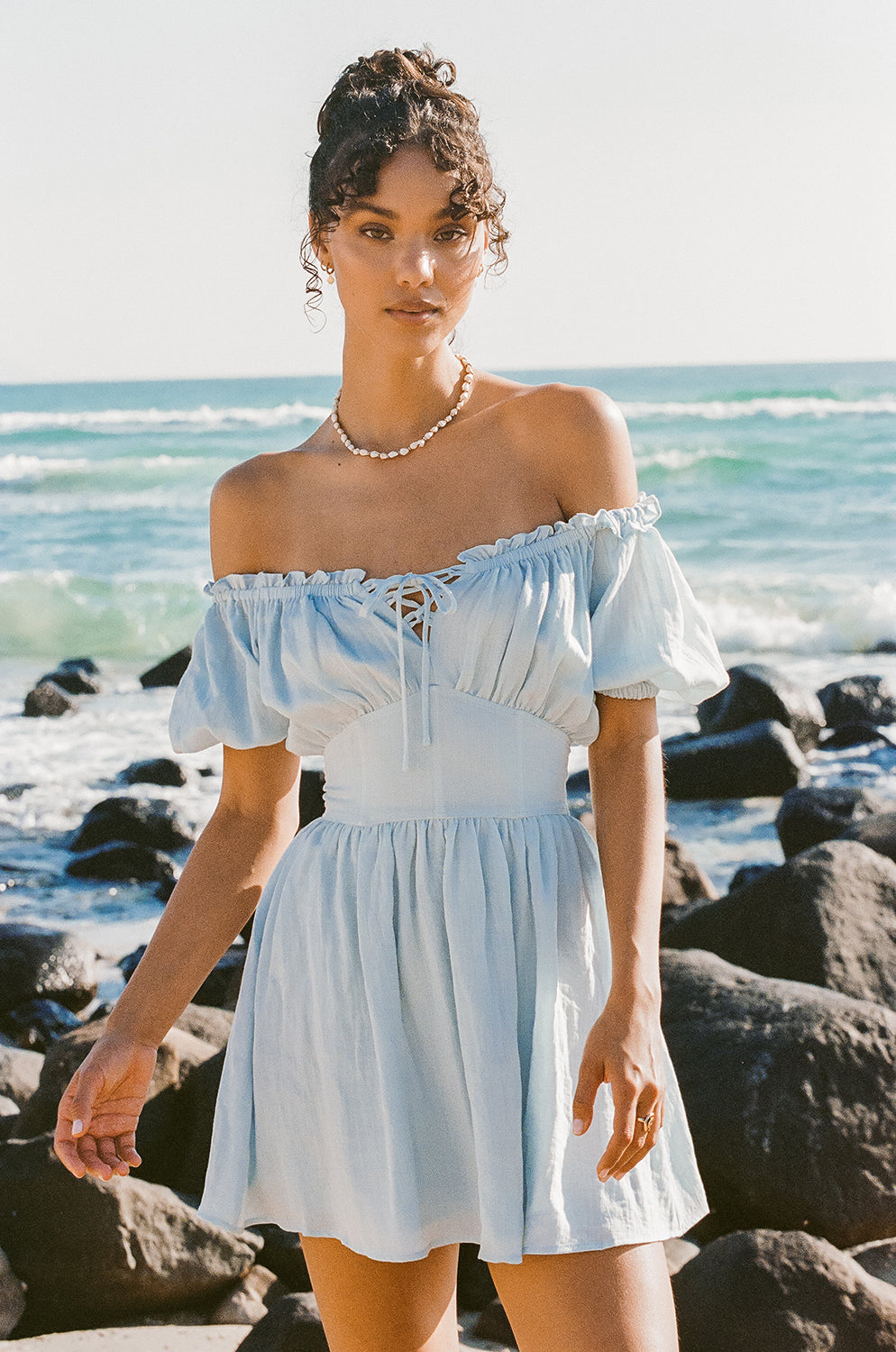 Blue Nyrobi Off - Shoulder Dress with Puff Sleeves and Corset Waist
