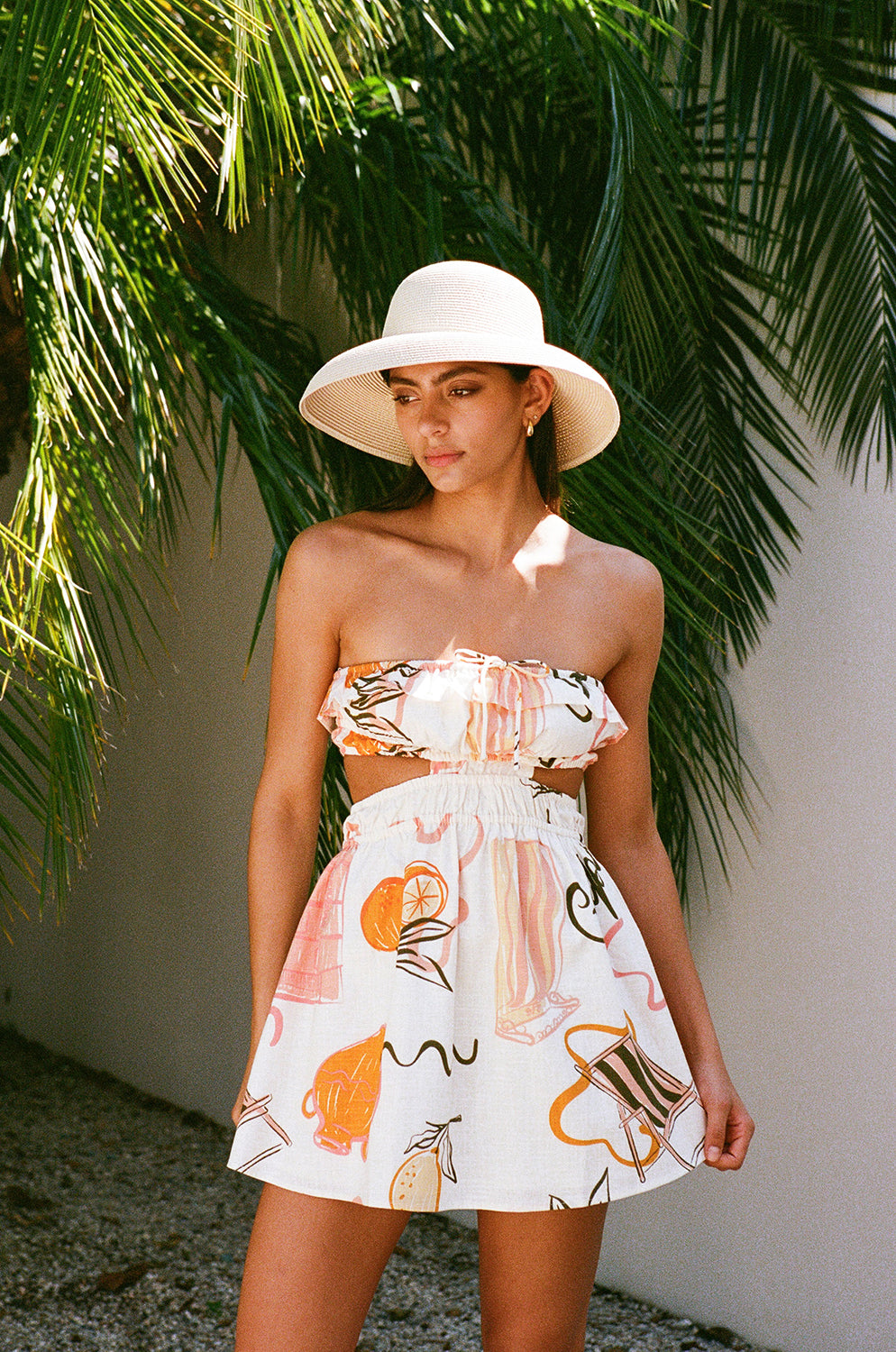 Exclusive Amalfi Aperol Print Zenaida Strapless Cotton Slub Vacation Dress