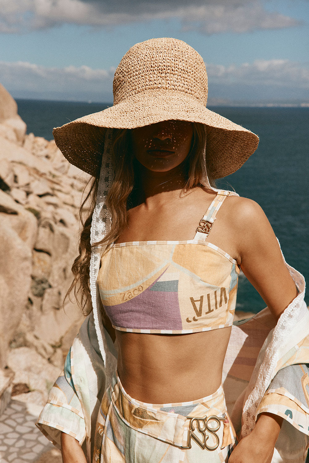 Portofino Linen Bandeau Top with Fiorire Acqua Print from Summer 2025 Collection
