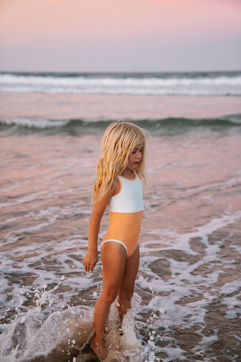 Ariel Orange Girls' Stretchy Ribbed Swimsuit for Beach and Sun