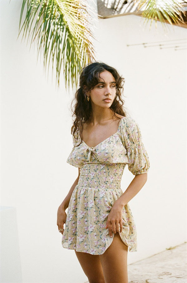 Sabo's Exclusive Dreamy Lightweight Floral Print Dusty Beige Faithe Dress