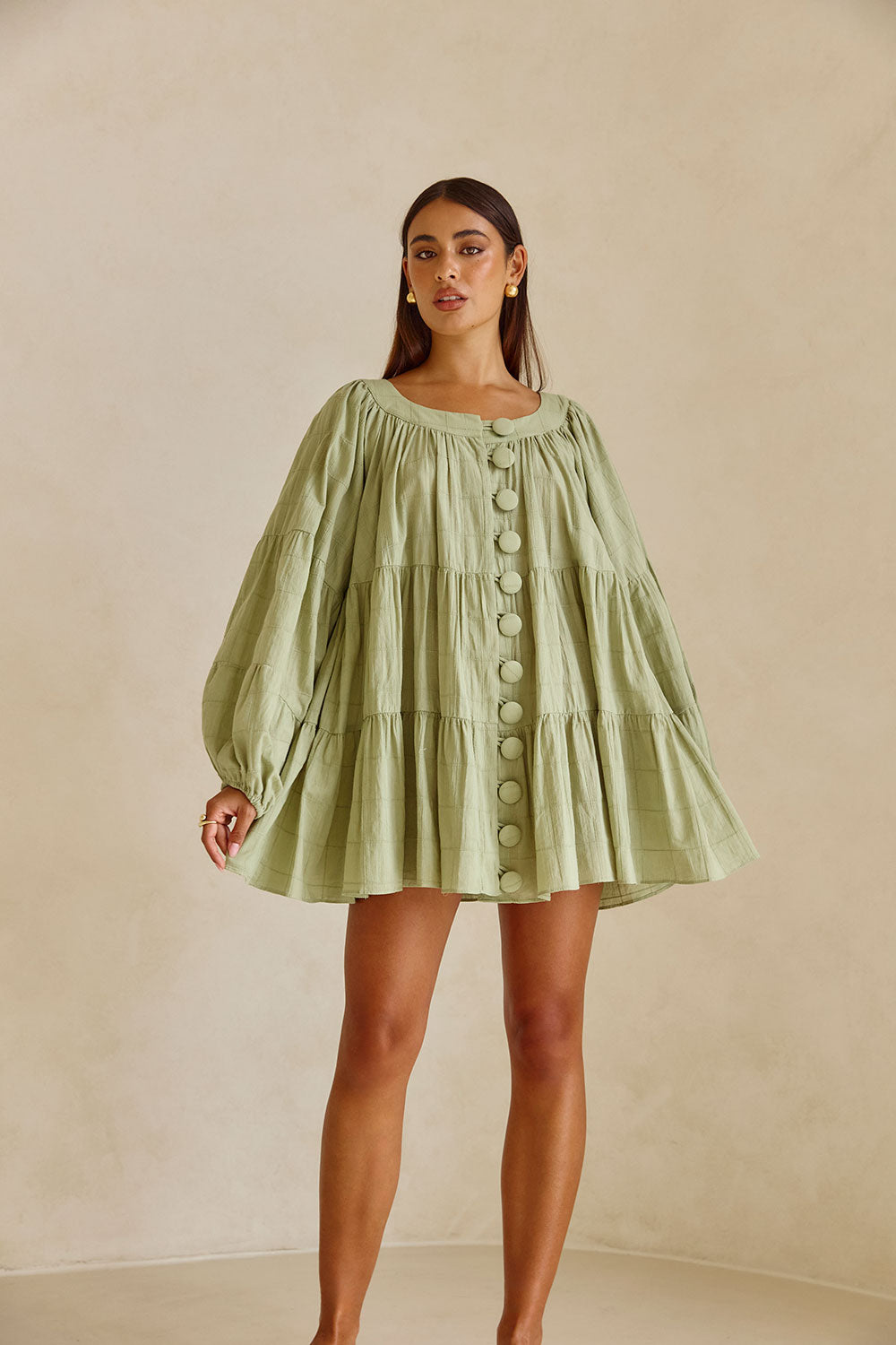 Soft Green Natural Cotton Self Check Stylish Mini East Dress