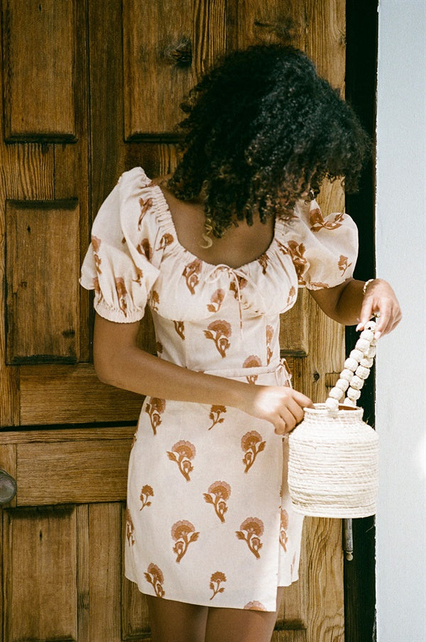 Exquisite Esmerelda Women's Linen-Cotton Blend Dress with Antique Emblem Print