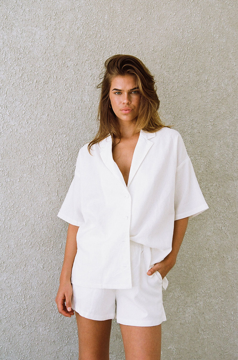 White Natural Linen Cotton Blend Relaxed Mallory Top with Drop Shoulders