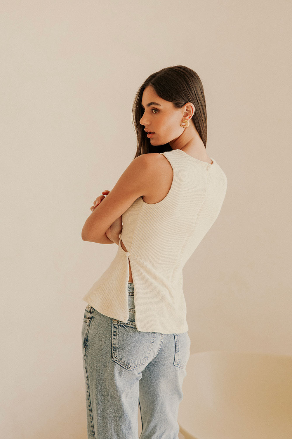 Elegant Cream Ribbed Bronte Women's Top