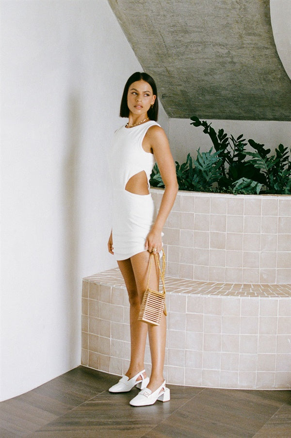 Laurent Off - White Soft Ribbed Cutout Women's Dress
