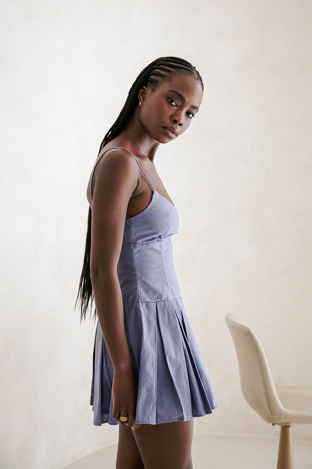 Exquisite Angelica Feminine Blue Linen Cotton Blend Dress