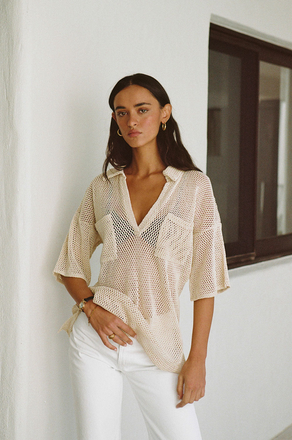 Beige Sheer Cotton Mesh Relaxed Bane Top with Collar and Pockets